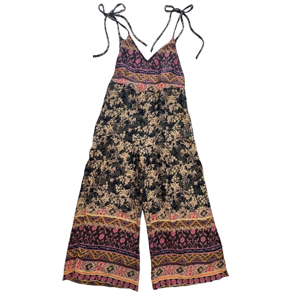 Free People Moody Floral Paisley Bohemian Tie Strap Wide Leg Jumpsuit Size XS